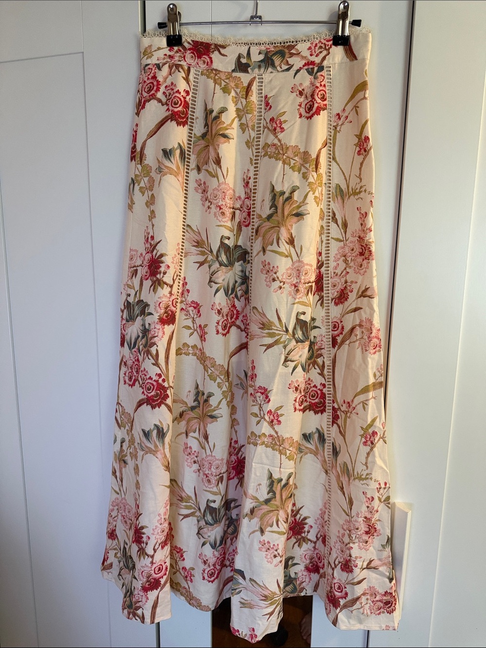 H&M Cream Midi Skirt with Red & Green Floral Pattern